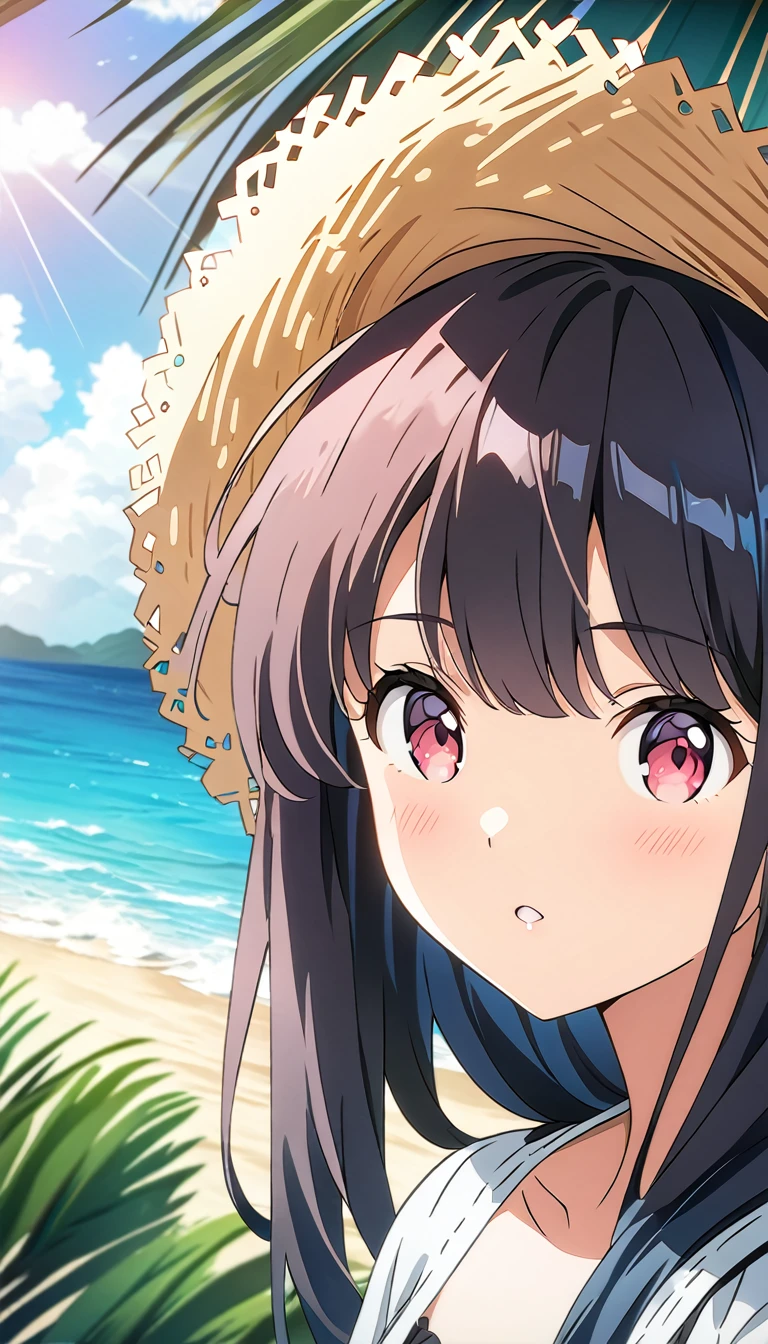 (masterpiece, Highest_quality), Very familiar with CG Unity 8K Wallpaper, wonderful_OK_shape, Break 1 Girl, Long black hair with a straw hat, Small breasts, (Glamorous look), Red eyes, Anime Style 4k, Beautiful anime portraits, Anime Moe Art Style, anime art wallpaper 4k, High quality anime art style, Anime style portrait, Familiar with digital animation art, Anime Art Wallpapers 8K, Cute Anime Girl Portrait, Hawaii Background, blue sea, Palm tree, sunlight, whole body, Breaking Depth of Field, Perfect hands, nice refer tos, 5_refer to, 4_refer to,1_親refer to,