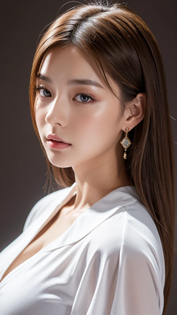 Beauty, Detailed facial features, Perfect figure, Elegant Japanese Goddess, Gorgeous Chinese Model, Realistic and vivid, Earrings, Fashionable and young々Shii, Solo Portrait, Close-up photography, Brown Hair, Highest quality, 4K, 8K, High definition, masterpiece, Super Detail, Vibrant close-up portrait in color, Studio Lighting, Physically Based Rendering, Sharp Focus, Professional photographer, Blonde, uniform, Pull-up, White T-shirt,gray V-neck-sweater,nfsw,nude