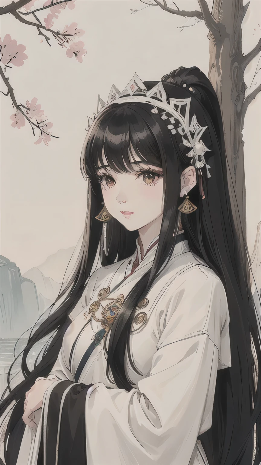 a close up of a woman with long black hair wearing a white dress, ruan jia beautiful!, dilraba dilmurat, xianxia, attractive neck, lalisa manobal, with long hair, ava max, jia, with long dark hair, xianxia fantasy, female with long black hair, long thin black hair, UHD, 8k, best quality, masterpiece