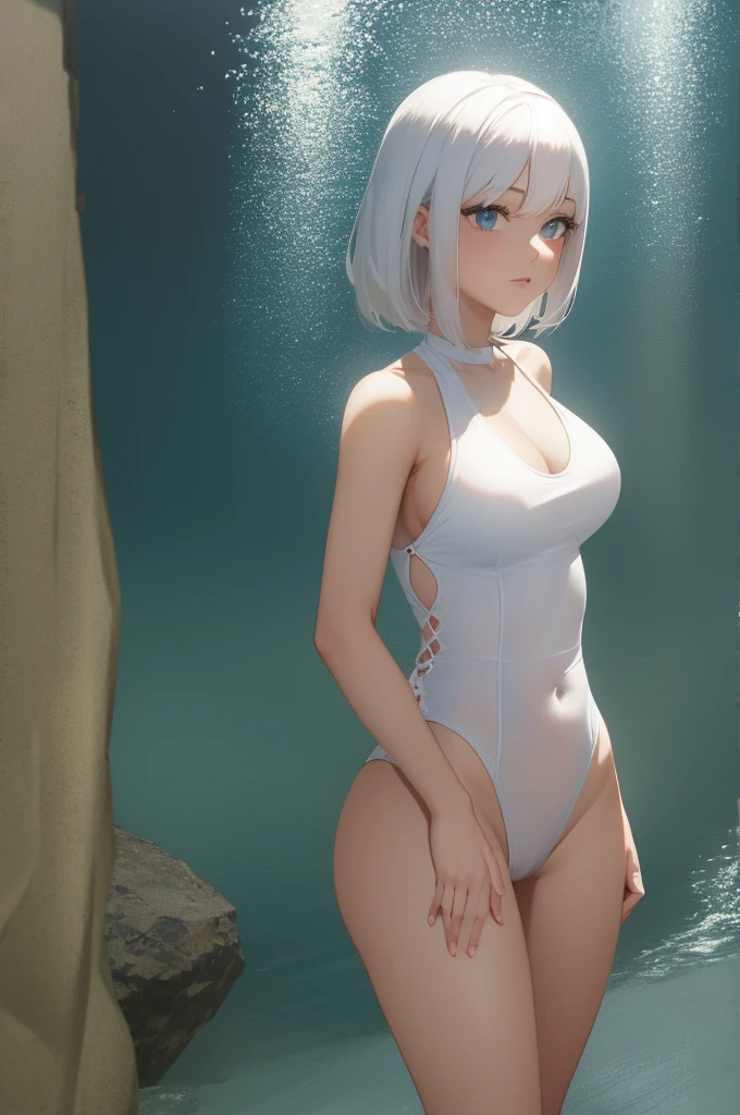 Young girl white hair swimsuit see through clothes