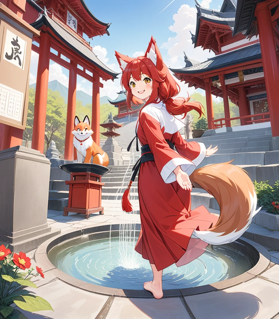 score_9, score_8_above, score_7_above, score_6_above, fountain_cheered up, classification_safe, Dagasi_Style, furry, Temple, fox girl, session, low view, from behind, soles to the viewer, showing soles, smiling, paws, 3 toes, barefoot, paws