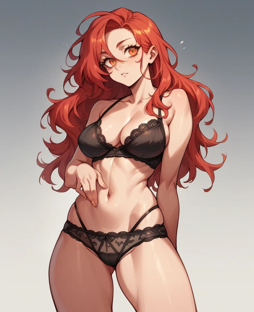 Female,curvy,red hair,orange eyes,in black lace underwear 