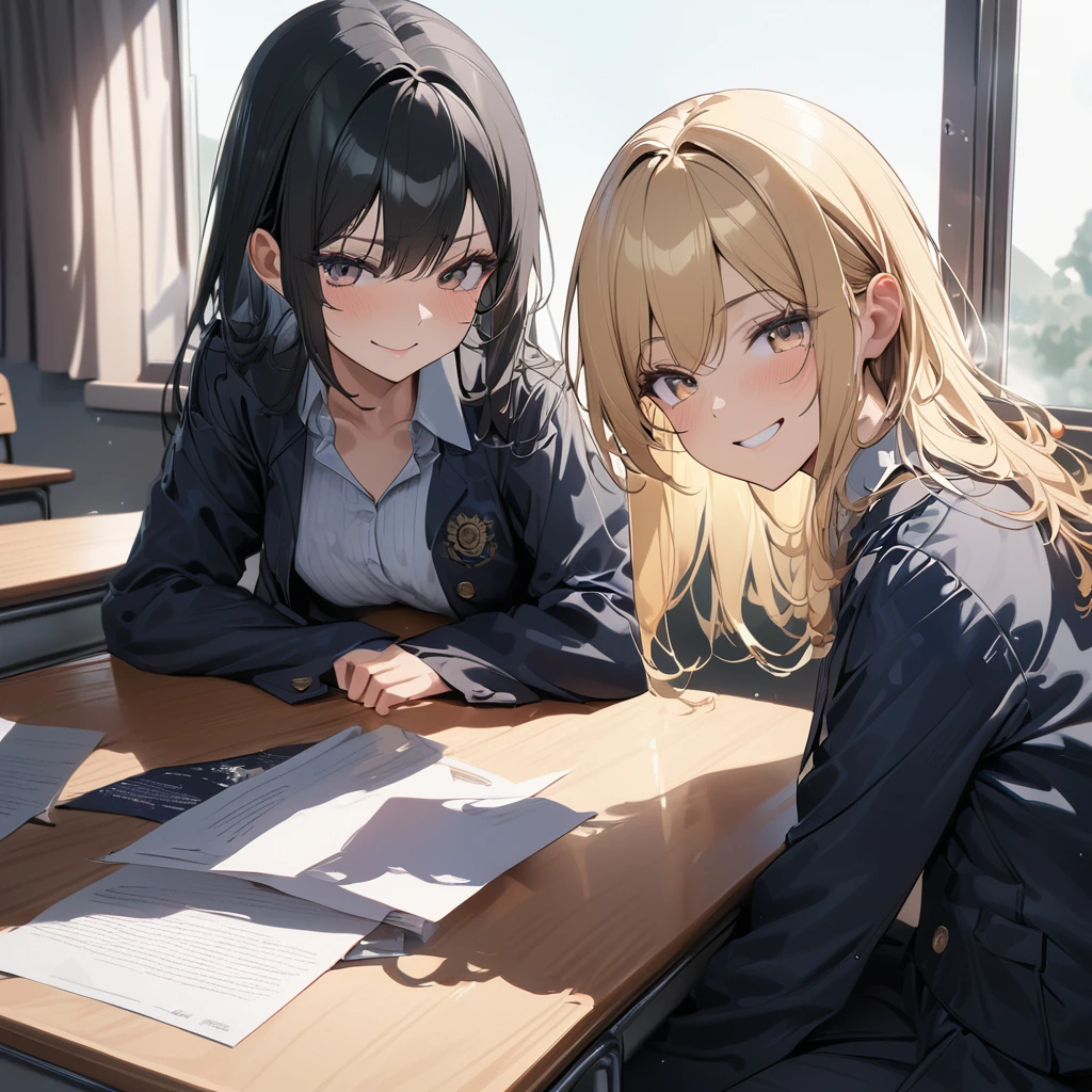 (award winning, 8k, super detailed, high resolution, best quality) , photography, (two girls), girl on the left with blonde hair and smirk expression, girl on the right with black hair and (timid expression), (sitting side by side at desk), ((beautiful girls)), classroom, light from the window.