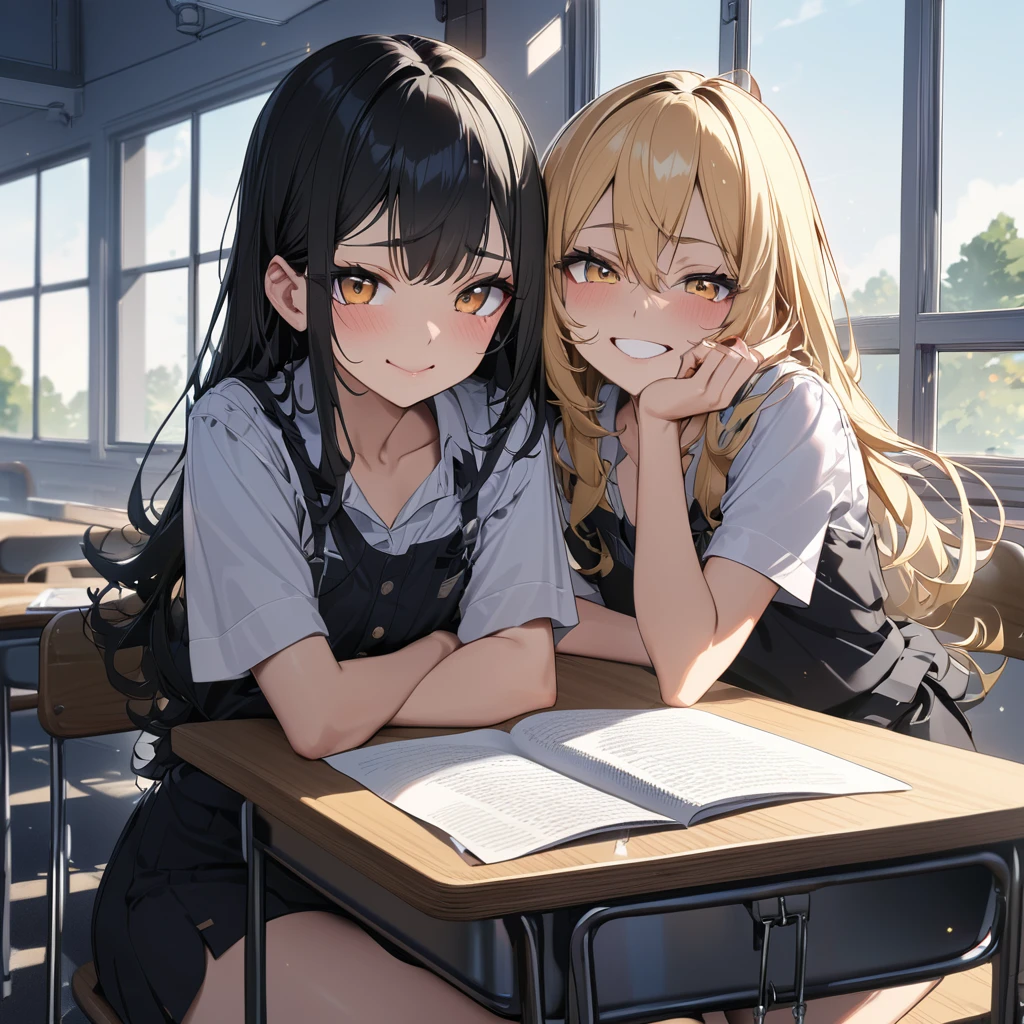 (award winning, 8k, super detailed, high resolution, best quality) , photography, (two girls), girl on the left with blonde hair and smirk expression, girl on the right with black hair and (timid expression), (sitting side by side at desk), ((beautiful girls)), classroom, light from the window.