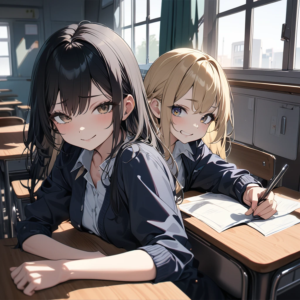 (award winning, 8k, super detailed, high resolution, best quality) , photography, (two girls), girl on the left with blonde hair and smirk expression, girl on the right with black hair and (timid expression), (sitting side by side at desk), ((beautiful girls)), classroom, light from the window.