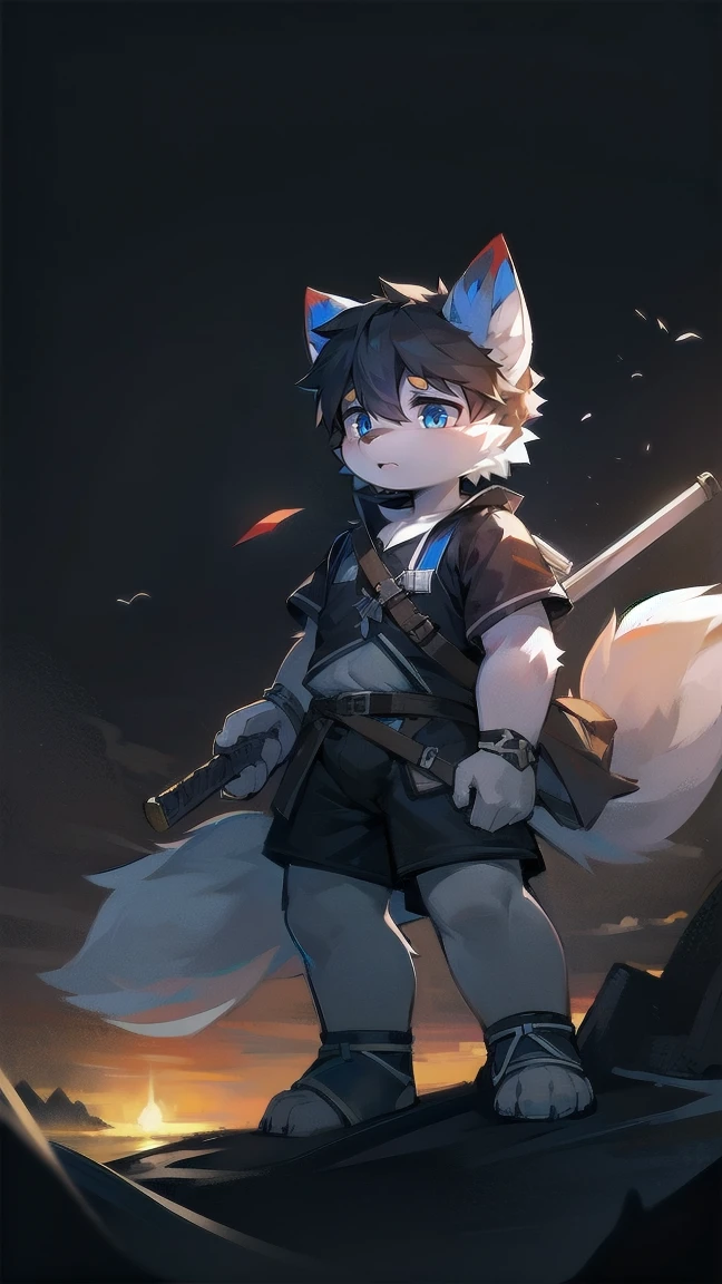 White Wolf，black hair，Sky blue eyes，hairy，Wolf ears，Wolf tail，Full body portrait，The character is in the center of the frame，Handsome，Confident eye***but，juvenile，Black and white combat uniform，Red neck bib，Black shorts，Short sleeve，hairy arms and legs，Dark background，Dark battlefield，dawn，sunrise，dawn，illumination，shadow，Swordsman，Scabbard and Hold the hilt of a in your hand，The scabbard is at the waist，Highest quality