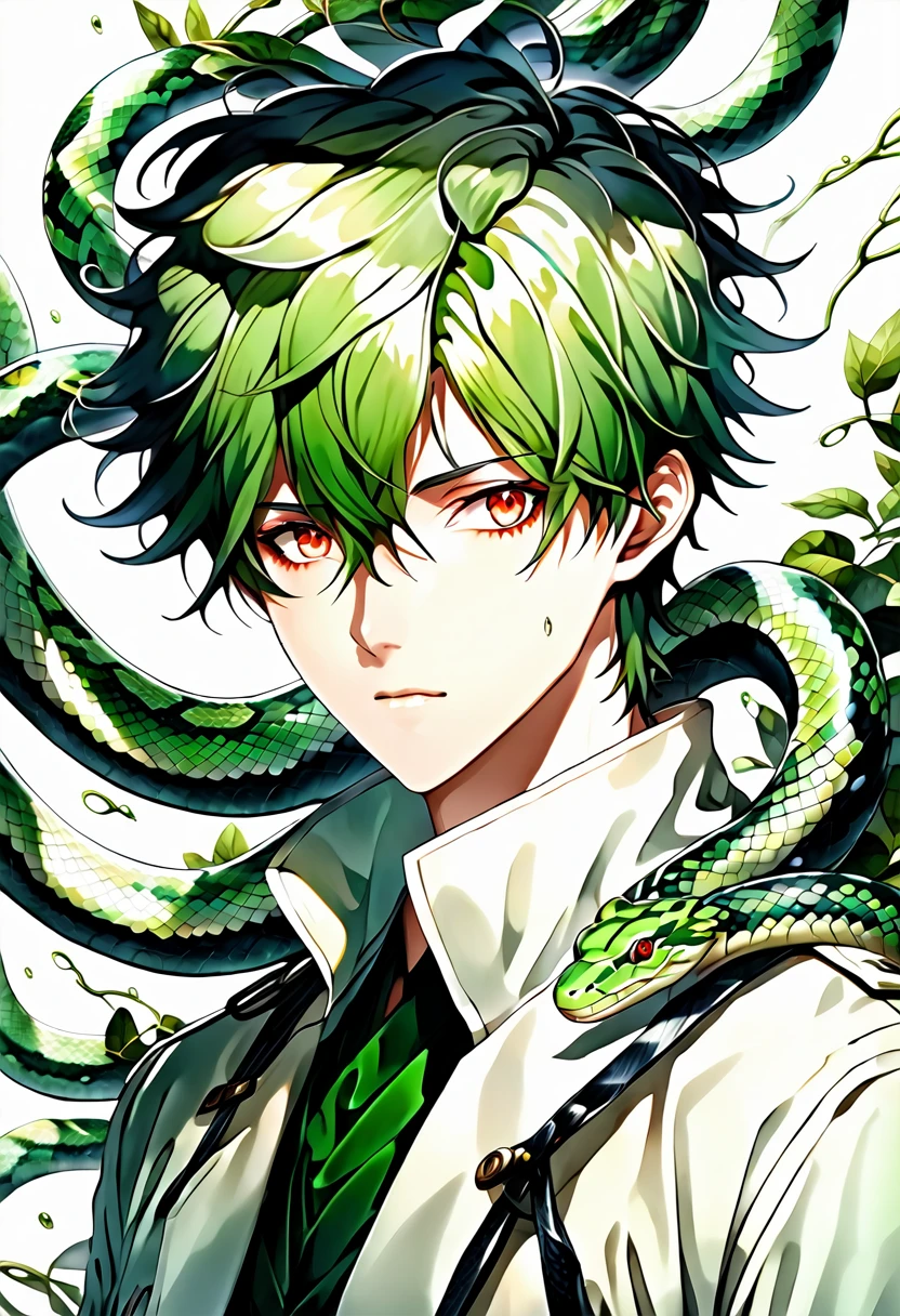 Generate an anime-style illustration of a teenage male character with the appearance of a Gorgon. He should have pale skin, sharp facial features, and a monstrous look, with green scales covering parts of his face and body. His hair should be made entirely of slender, elegant white snakes with subtle green highlights, all oozing a green liquid aura. The snakes should have piercing red eyes. The character should be wearing a white trench coat hoodie with accents of green, creating a harmonious green and white color theme. He should have a sinister grin on his face. Please ensure that the overall aesthetic remains true to traditional anime art style
