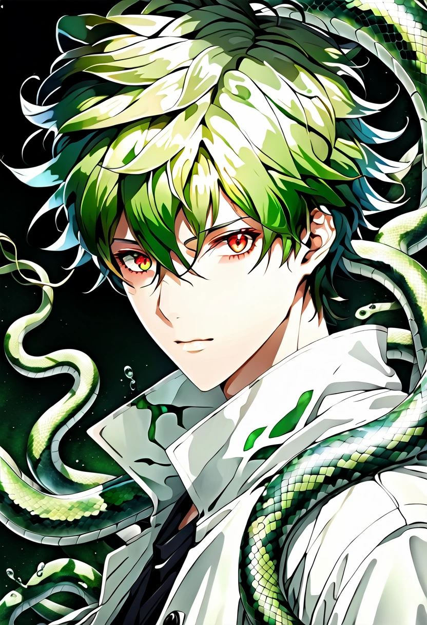 Generate an anime-style illustration of a teenage male character with the appearance of a Gorgon. He should have pale skin, sharp facial features, and a monstrous look, with green scales covering parts of his face and body. His hair should be made entirely of slender, elegant white snakes with subtle green highlights, all oozing a green liquid aura. The snakes should have piercing red eyes. The character should be wearing a white trench coat hoodie with accents of green, creating a harmonious green and white color theme. He should have a sinister grin on his face. Please ensure that the overall aesthetic remains true to traditional anime art style