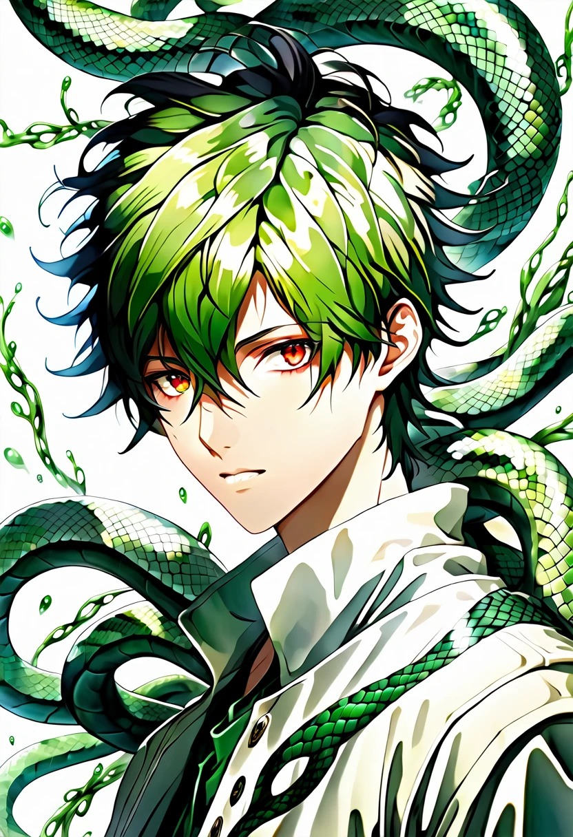Generate an anime-style illustration of a teenage male character with the appearance of a Gorgon. He should have pale skin, sharp facial features, and a monstrous look, with green scales covering parts of his face and body. His hair should be made entirely of slender, elegant white snakes with subtle green highlights, all oozing a green liquid aura. The snakes should have piercing red eyes. The character should be wearing a white trench coat hoodie with accents of green, creating a harmonious green and white color theme. He should have a sinister grin on his face. Please ensure that the overall aesthetic remains true to traditional anime art style