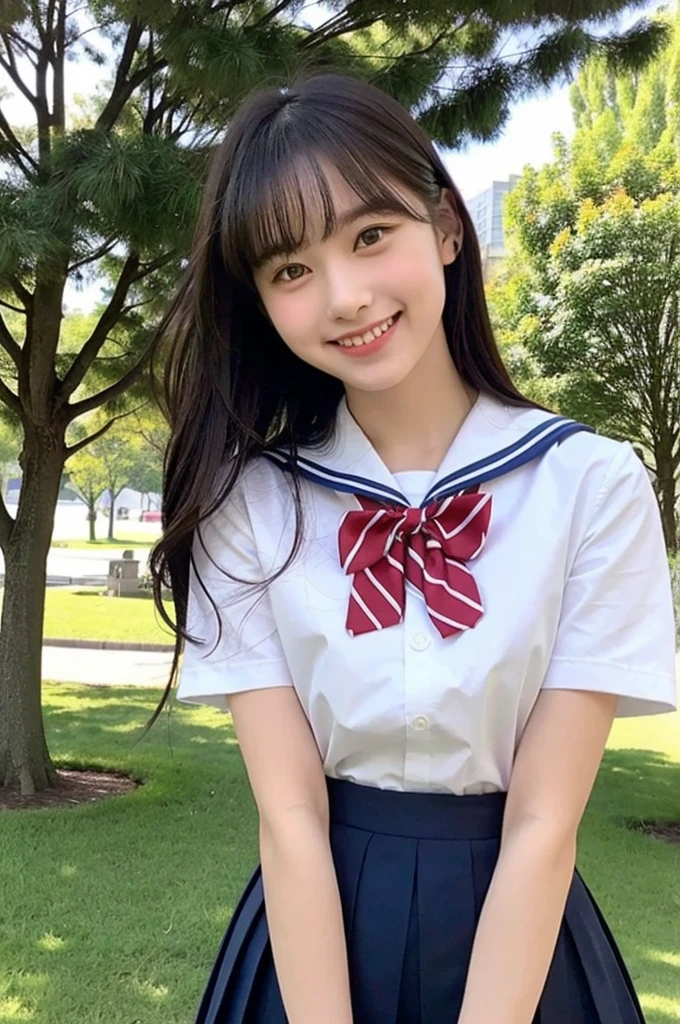 girl standing in school park,sailor shirt with red bow tie,school skirt,18-year-old,bangs,a little smiles,thighs,knees,from below