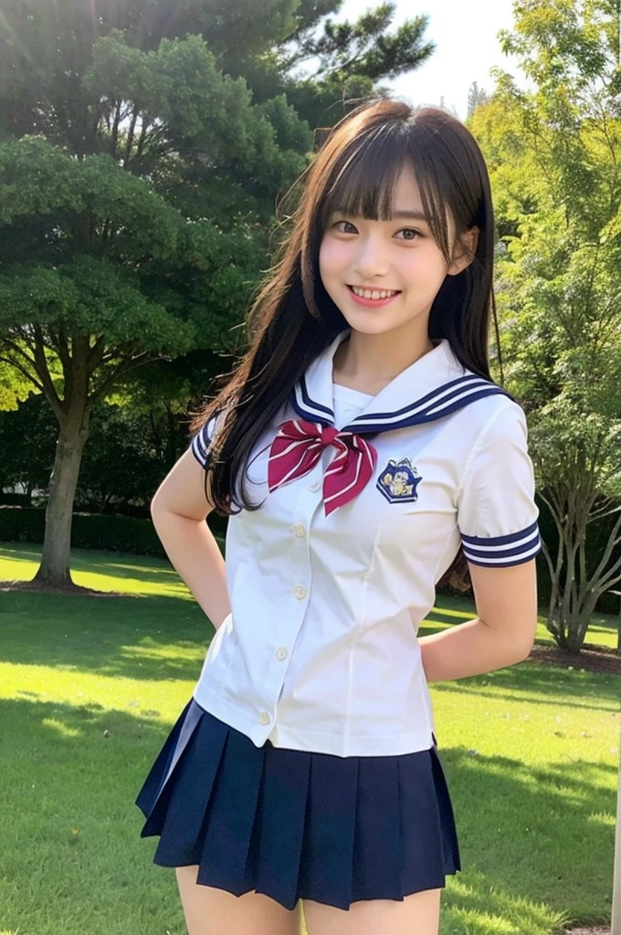 girl standing in school park,sailor shirt with red bow tie,school skirt,18-year-old,bangs,a little smiles,thighs,knees,from below