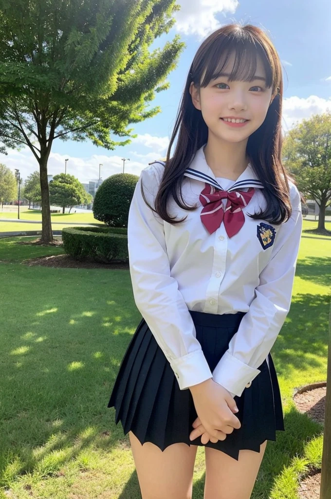 girl standing in school park,sailor shirt with red bow tie,school skirt,18-year-old,bangs,a little smiles,thighs,knees,from below