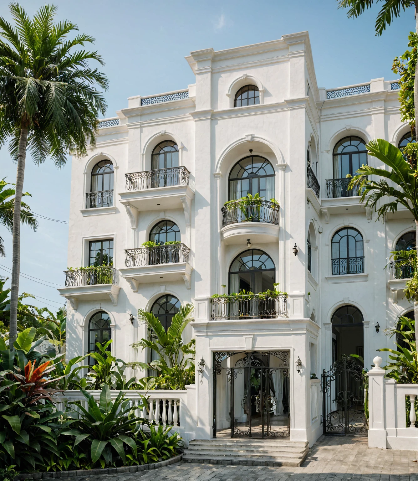 RAW photo, Masterpiece, high quality, best quality, realistic, super detailed, neoclassical house, exterior, neoclassical house with white walls and windows, masonry railing, white, curved arch, floating point, daylight, tropical plants, tropical garden, street in Vietnam, everyday architecture, (high detail: 1.2), 8k uhd, dslr, soft light, quality High quality, film grain, Fujifilm XT3