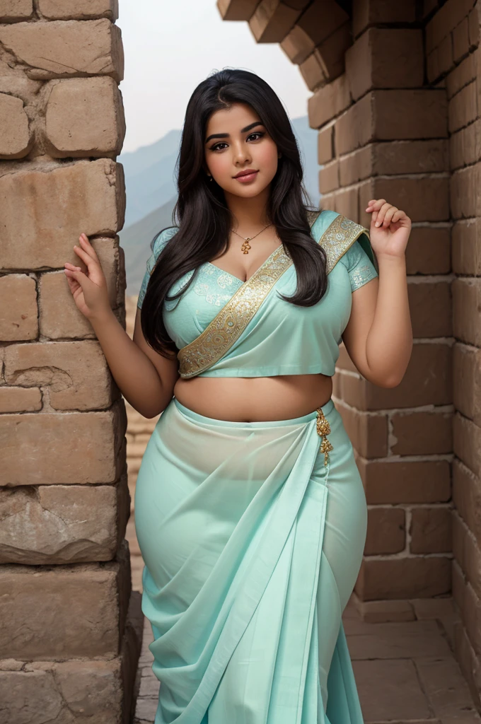 1 Heavenly beautiful and goddess beauty cute and sweet looking face Arabian female in front of Great Wall of China, Heavenly beautiful Overweight, Heavenly beautiful Extremely fat, Heavenly beautiful and attractive Chubby figure , Heavenly beautiful looking and eye catching luxury style elegant saree , reaching out, Heavenly beautiful Arabian woman, 16k, High resolution, masterpiece, highest quality, fine skin, outside view, Realistic Photograph