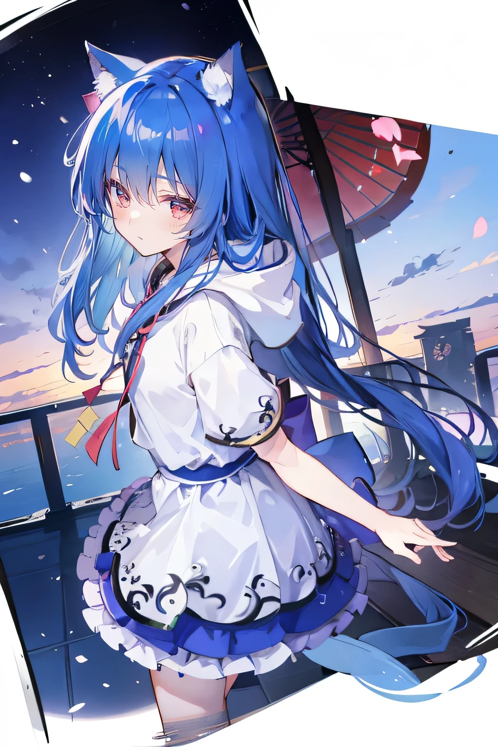 （masterpiece：1.2），Super detailed，lifelike，Expressive eyes，fair skin，perfect face shape，1 girl，
Japanese comics,Gorgeous blue hair,flowing blue hair,flowing clothes,Cat ears,Petals fall,beautiful lola,Baby Angel,
Shaking head with one hand，Cross your legs，Gentle and peaceful background，The pavilion is cool and comfortable,smile, wearing hoodie, background of tokyo,back views,snowing, winter.