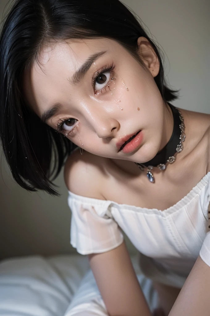 ((Highest quality)), ((masterpiece)), (detailed), Perfect Face, she is flat ,, small girl, Black Bob, forehead, ((Frightened expression)), (crying), ((Off the shoulder)), choker, ahegao, looking at viewer, looking up,((single eyelid)), arms behind back, leaning forward, front face, close up, kneeling, White underwear