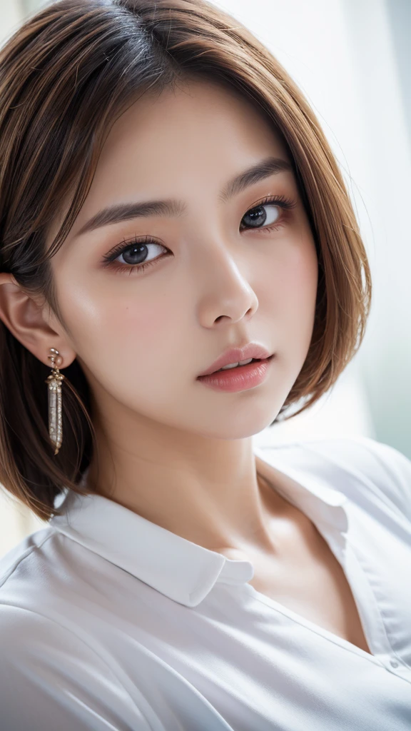 Beauty, Detailed facial features, Perfect figure, Elegant Japanese Goddess, Gorgeous Chinese Model, Realistic and vivid, Earrings, Fashionable and young々Shii, Solo Portrait, Close-up photography, Brown Hair, Highest quality, 4K, 8K, High definition, masterpiece, Super Detail, Vibrant close-up portrait in color, Studio Lighting, Physically Based Rendering, Sharp Focus, Professional photographer, Blonde, uniform, Pull-up, White T-shirt