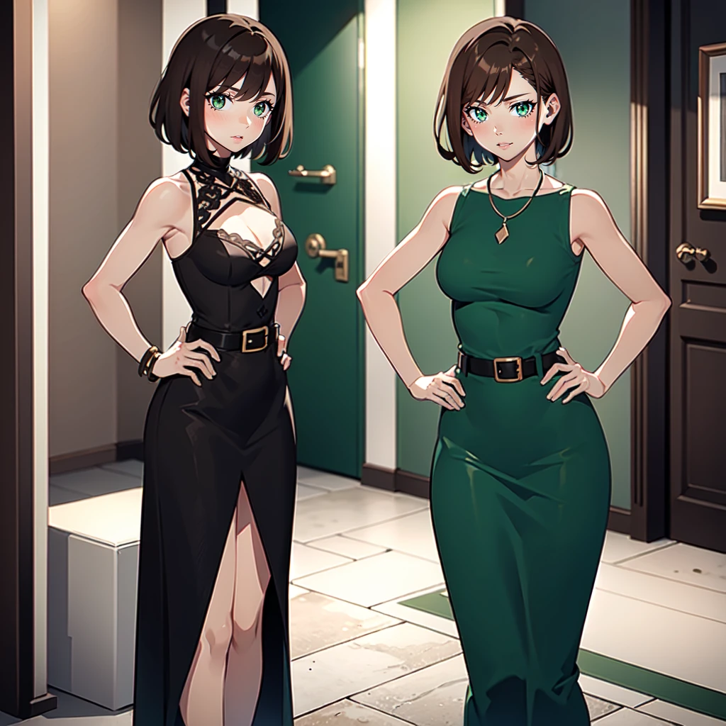 {{Artist: %ratatatat74%}} mature female, brown hair, short hair, green eyes, black dress, white belt, indoors, living room, standing, hands on hips,