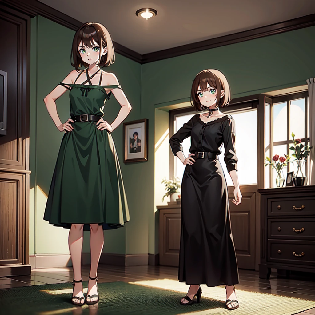 {{Artist: %ratatatat74%}} mature female, brown hair, short hair, green eyes, black dress, white belt, indoors, living room, standing, hands on hips,