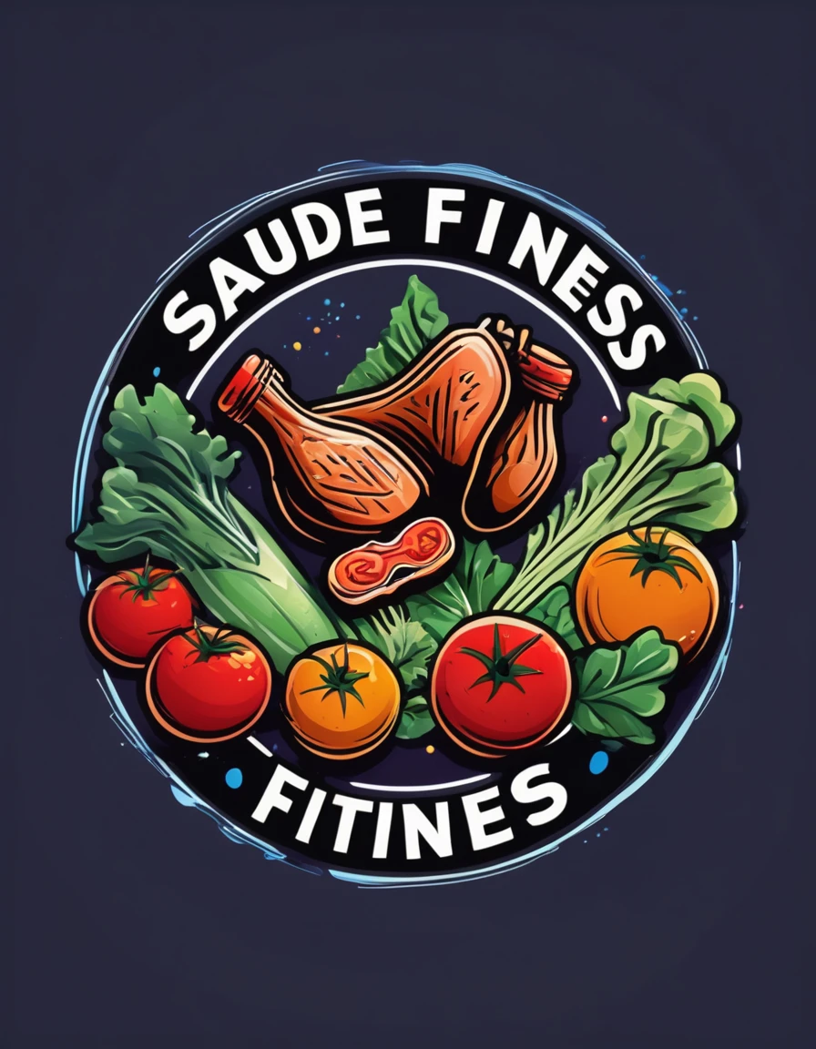 Create a logo featuring the words "Saude Fitness" in a stylized script at the center. Surround the text with detailed illustrations of healthy foods including tomatoes, lettuce, steak and chicken filet. Use vibrant colors to convey health and vitality associated with fitness and nutrition.