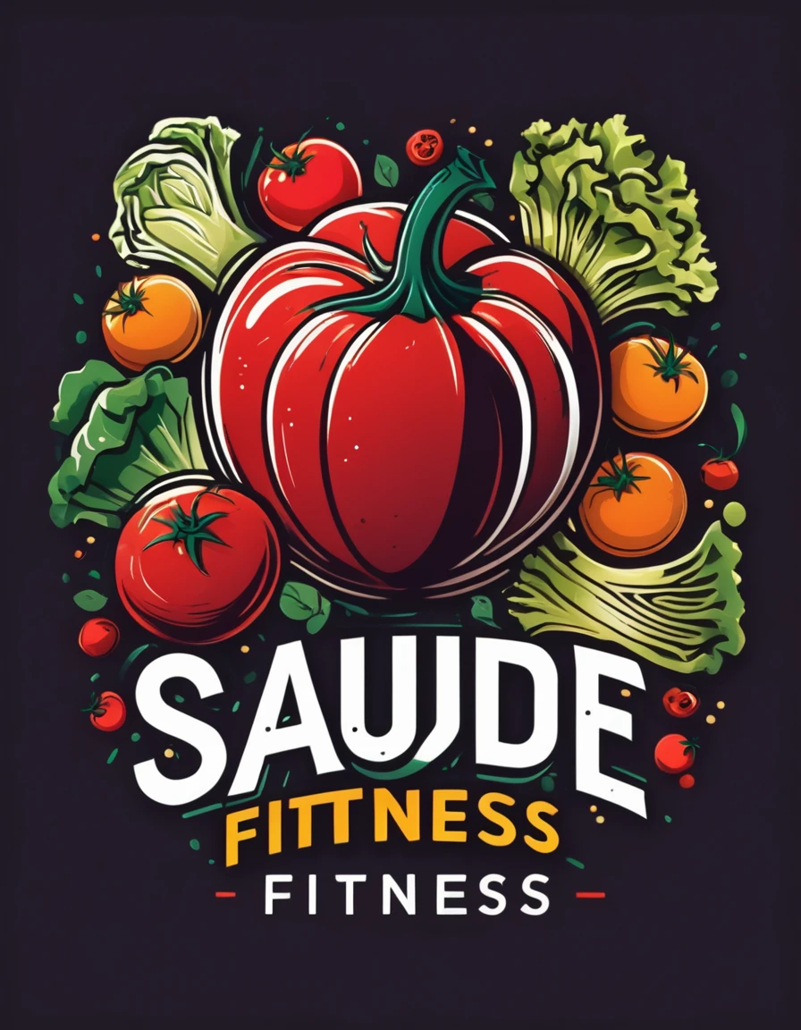 Create a logo featuring the words "Saude Fitness" in a stylized script at the center. Surround the text with detailed illustrations of healthy foods including tomatoes, lettuce, steak and chicken filet. Use vibrant colors to convey health and vitality associated with fitness and nutrition.