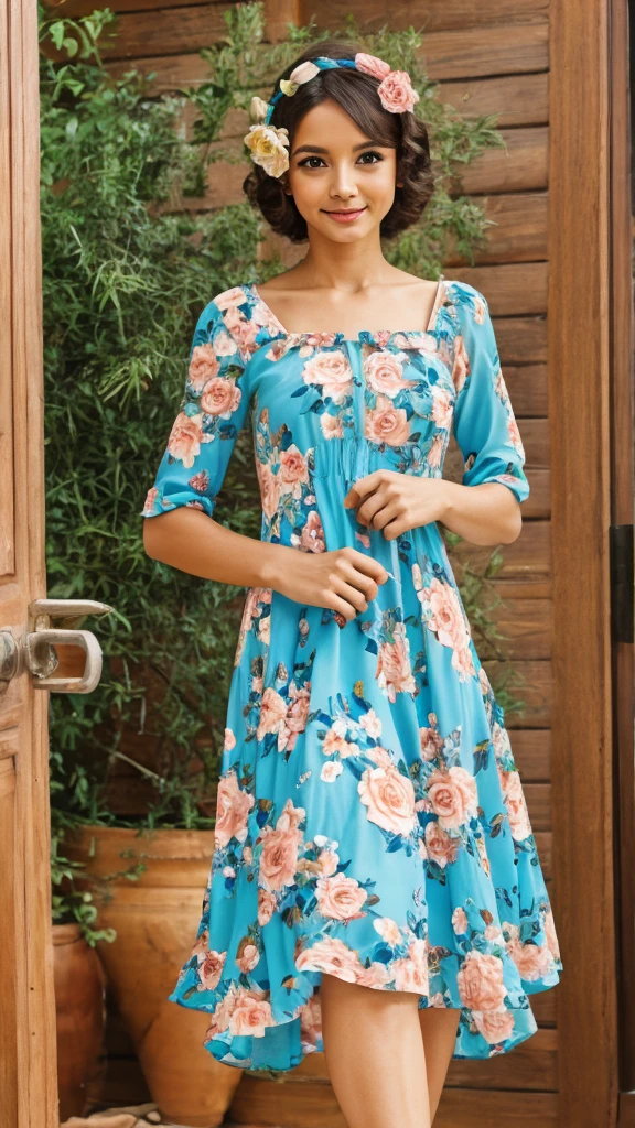 60 year old woman, flowery dress