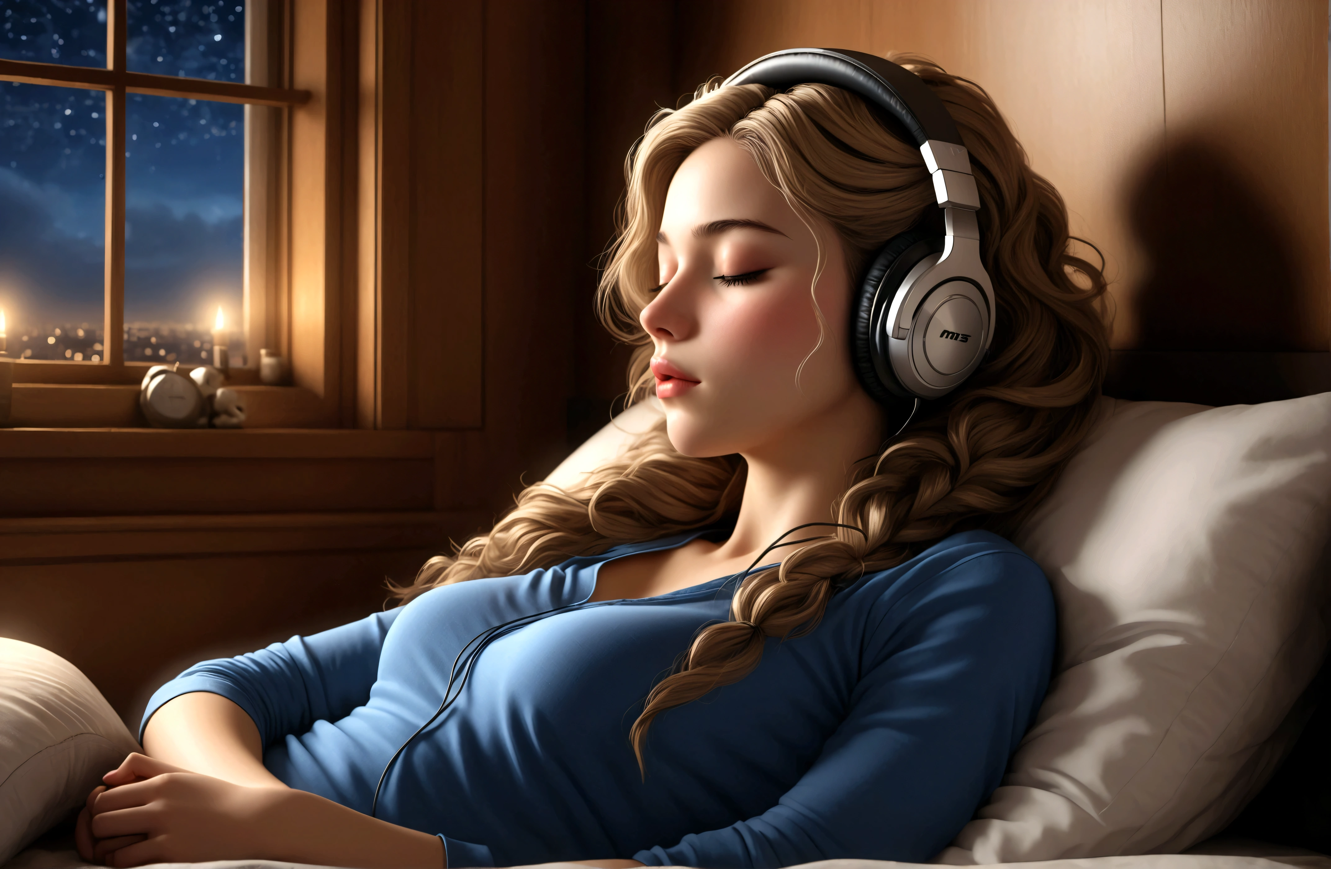 masterpiece, highest quality, beautifully, 1girl, eyes closed, sleeping, detailed lips, detailed hair, detailed outfit, headphones, bedroom, night, window opened, cinematic lighting, hyper detailed, intricate details, (best quality:1.2), (realistic:1.37), (masterpiece:1.2)