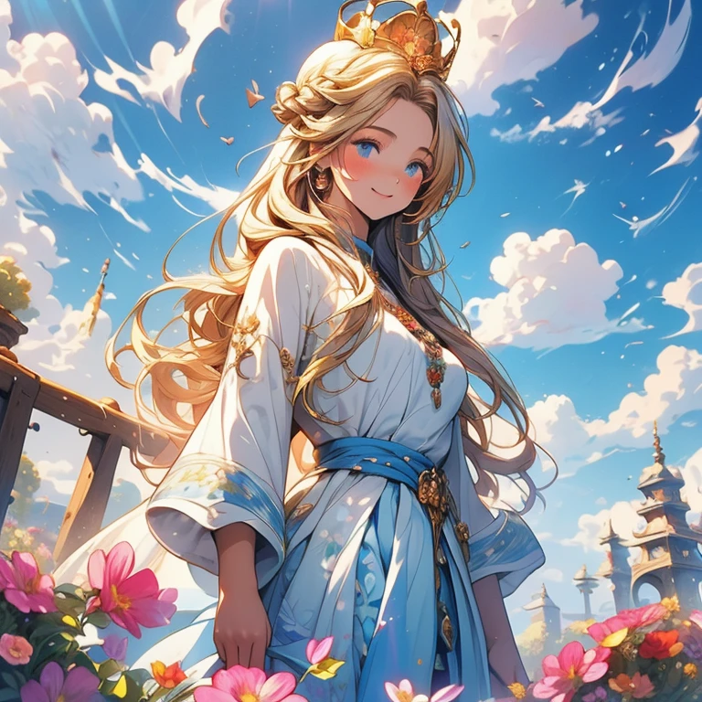 painting of a young girl with long, flowing hair and a crown of flowers on her head. She has a serene expression and is looking off into the distance. The background is a blue sky with clouds and a hint of sunlight shining through. The overall effect is one of peace and tranquility.