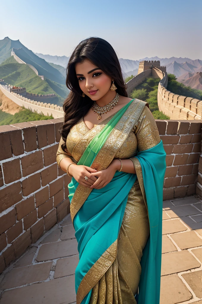1 Heavenly beautiful and goddess beauty cute and sweet looking face Arabian female in front of Great Wall of China, Heavenly beautiful Overweight, Heavenly beautiful Extremely fat, Heavenly beautiful and attractive Chubby figure , Heavenly beautiful looking and eye catching luxury style elegant saree , reaching out, Heavenly beautiful Arabian woman, 16k, High resolution, masterpiece, highest quality, fine skin, outside view, Realistic Photograph