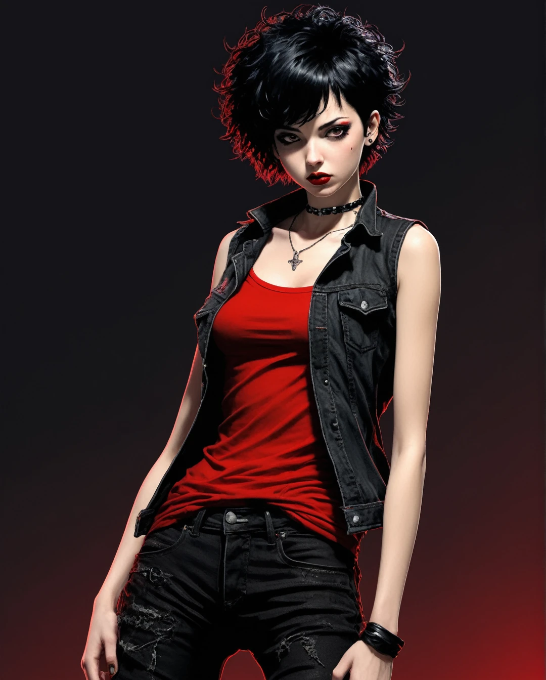 John Blanche Style, a full-body, high-resolution anime style of a rebellious teenage female punk rocker with short curly black hair, thin face, intense red lips, sleeveless black top, and tight black denim pants, inspired by the works of Yoshiaki Kawajiri, vibrant and edgy, with dramatic lighting and dynamic composition