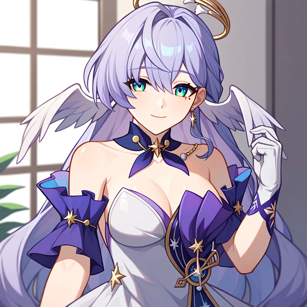 1girl, robin_\(honkai:_star_rail\), bare_shoulders, head_wings, white_dress, white_gloves, detached_sleeves, short_sleeves, aqua_eyes, long_hair, halo, purple_dress, hair_between_eyes, earrings, purple_hair