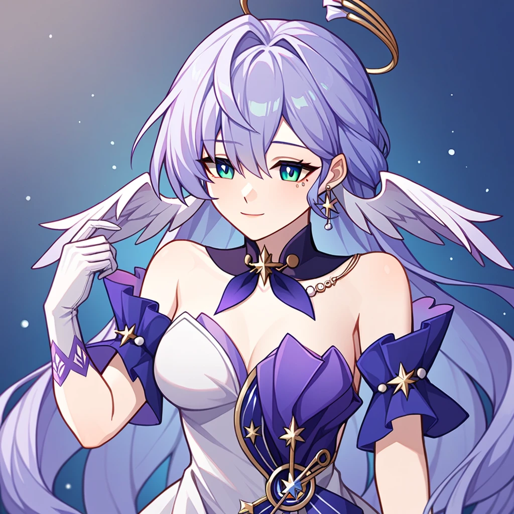 1girl, robin_\(honkai:_star_rail\), bare_shoulders, head_wings, white_dress, white_gloves, detached_sleeves, short_sleeves, aqua_eyes, long_hair, halo, purple_dress, hair_between_eyes, earrings, purple_hair