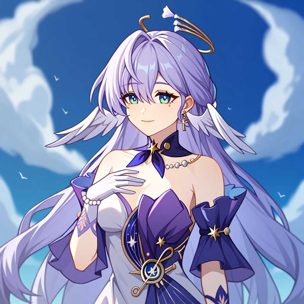 1girl, robin_\(honkai:_star_rail\), bare_shoulders, head_wings, white_dress, white_gloves, detached_sleeves, short_sleeves, aqua_eyes, long_hair, halo, purple_dress, hair_between_eyes, earrings, purple_hair