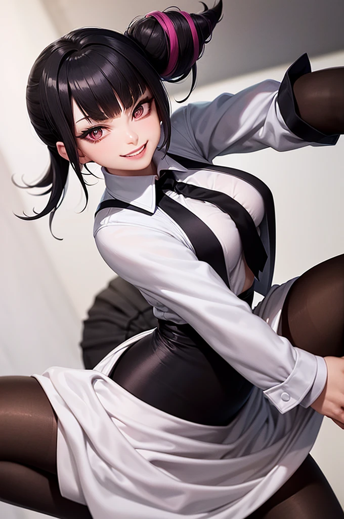 juri han, work of art, tight white secretary shirt with black tie, black high waist skirt, short skirt,stocking, black hair, black tights,evil smile,office,franja nos olhos,iluminação,chifre de cabelos,visão de cima,olhando para cima
