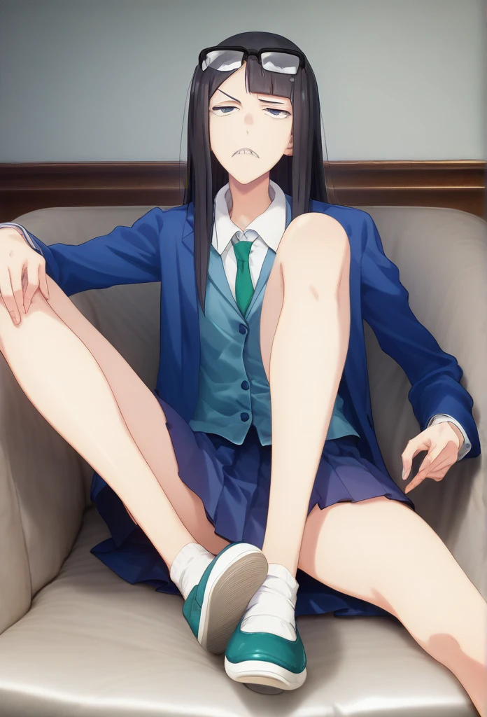 score_9, score_8, score_7, sauce_anime,
evaluation_general, anime, Official Art,
kanamori, Wear glasses on your head, Seraph Freckles, Pleated skirt, blazer, Blue Skirt, Sitting in a chair,mini skirt,Leg spread,Thighs,One girl with bare legs, alone, indoor,