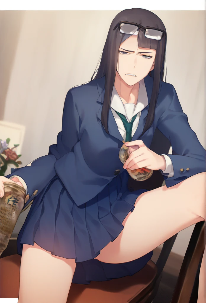 score_9, score_8, score_7, sauce_anime,
evaluation_general, anime, Official Art,
kanamori, Wear glasses on your head, Seraph Freckles, Pleated skirt, blazer, Blue Skirt, Sitting in a chair,mini skirt,Leg spread,Thighs,One girl with bare legs, alone, indoor,