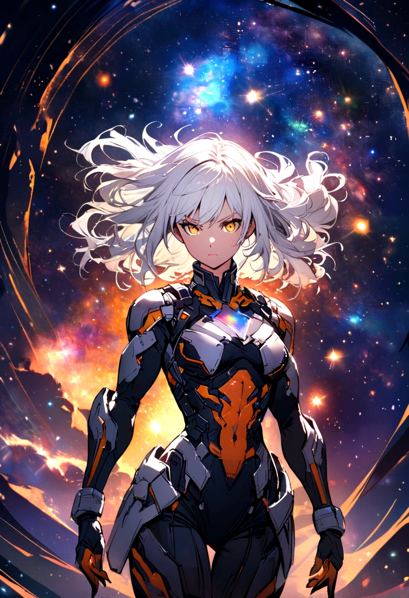 A strong and determined girl, with white hair and streaks colored with the colors of a galaxy. The background must be a galaxy.