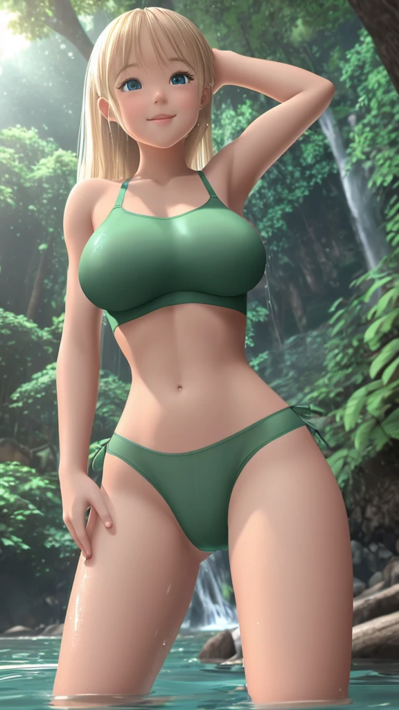 a girl. Age 28 years. Blonde hair. Muscular body. drenched in sweat Shapely muscles. Masterpiece. extraordinary. Pantyhose with shorts. with an open bra. Forest place. Water waterfall. Inside the river. Water drops. Vegetation . Tall trees. fruitful tree happy girl sexy body your body pouring water 4k quality. 4k resolution. High Quality. dpi 300