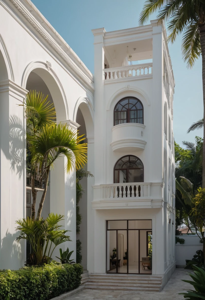 RAW photo, Masterpiece, high quality, best quality, realistic, super detailed, neoclassical house, exterior, neoclassical house with white walls and windows, masonry railing, white, curved arch, floating point, daylight, tropical plants, tropical garden, street in Vietnam, everyday architecture, (high detail: 1.2), 8k uhd, dslr, soft light, quality High quality, film grain, Fujifilm XT3