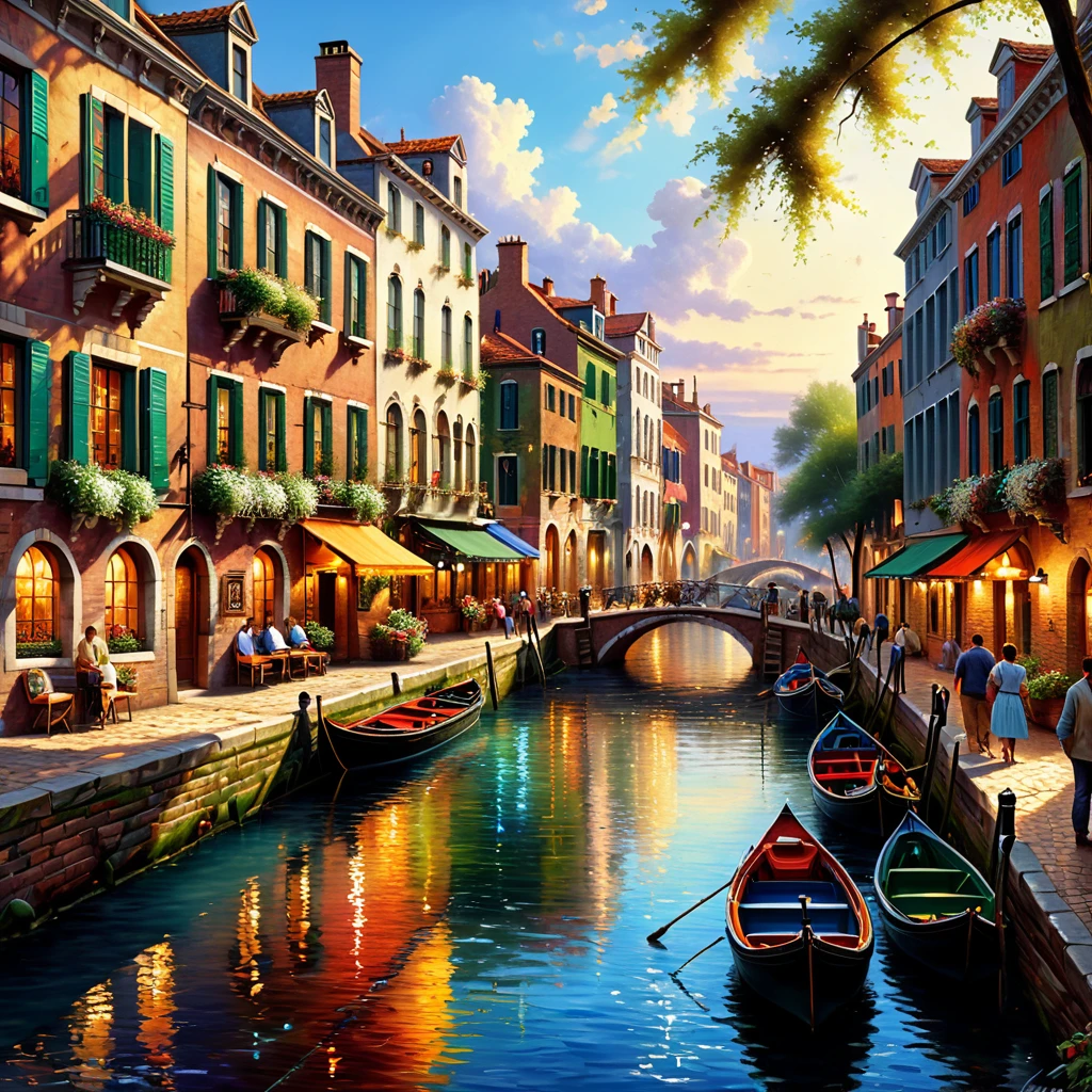 painting of a canal with boats and people on it, beautiful art uhd 4 k, 8 k hd detailed oil painting, city of pristine colors, beautiful oil matte painting, beautiful cityscape, 4 k matte thomas kinkade, detailed painting 4 k, scenery artwork, beautiful digital art, oil painting 4 k, oil painting 4k, scenery art detailed, breathtaking art