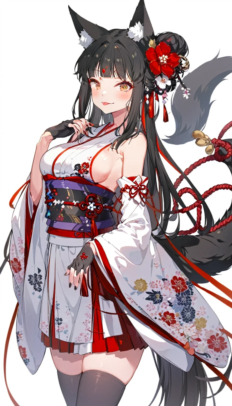 girl in anime outfit in red and white outfit and kimono holding both hands together, 1girl, black nails, solo, breasts, animal ears, gloves, tail, japanese clothes, fox ears, multicolored hair, thighhighs, sideboob, tongue out, tongue, fingerless gloves, detached sleeves, black hair, black gloves, looking at viewer, fox tail, white kimono, black thighhighs, long hair, obi, wide sleeves, tassel, kimono, nail polish, red hair, sash, flower knot, hair ornament, cowboy shot, zettai ryouiki, large breasts, animal ear fluff, fox girl, :p, bare shoulders, long sleeves, floral print, rope, hand up, blush, bangs, white background
