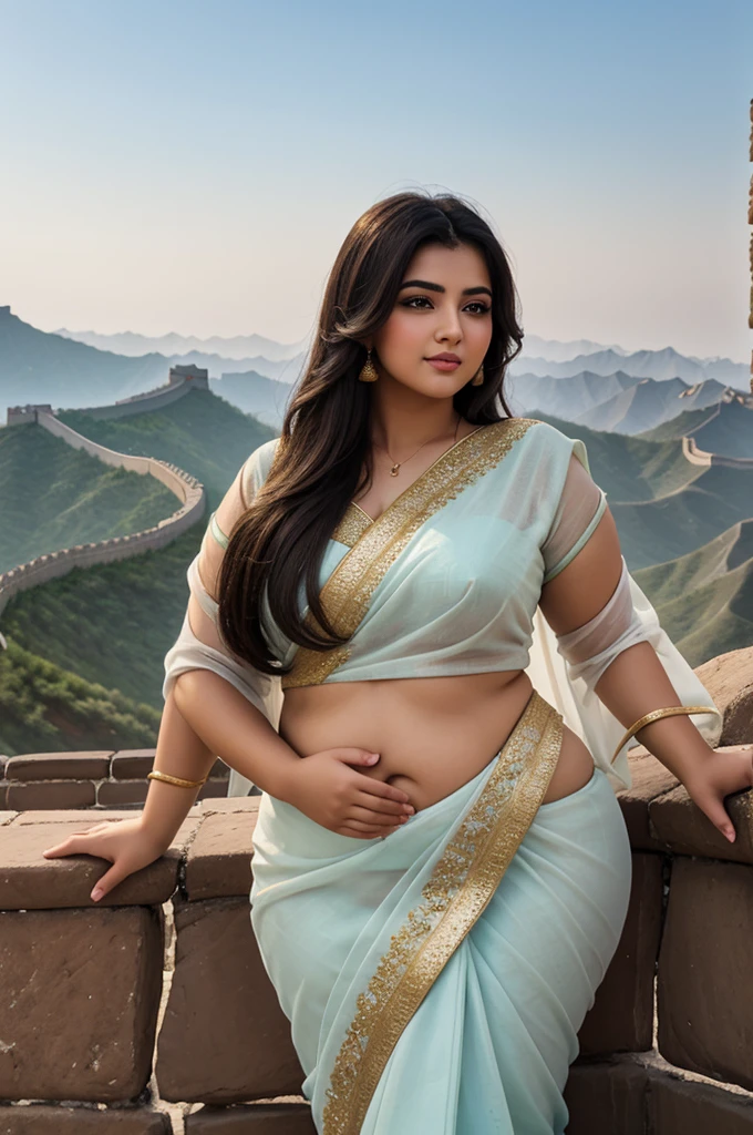 1 Heavenly beautiful and goddess beauty cute and sweet looking face Arabian female in front of Great Wall of China, Heavenly beautiful Overweight, Heavenly beautiful Extremely fat, Heavenly beautiful and attractive Chubby figure , Heavenly beautiful looking and eye catching luxury style elegant saree , reaching out, Heavenly beautiful Arabian woman, 16k, High resolution, masterpiece, highest quality, fine skin, outside view, Realistic Photograph
