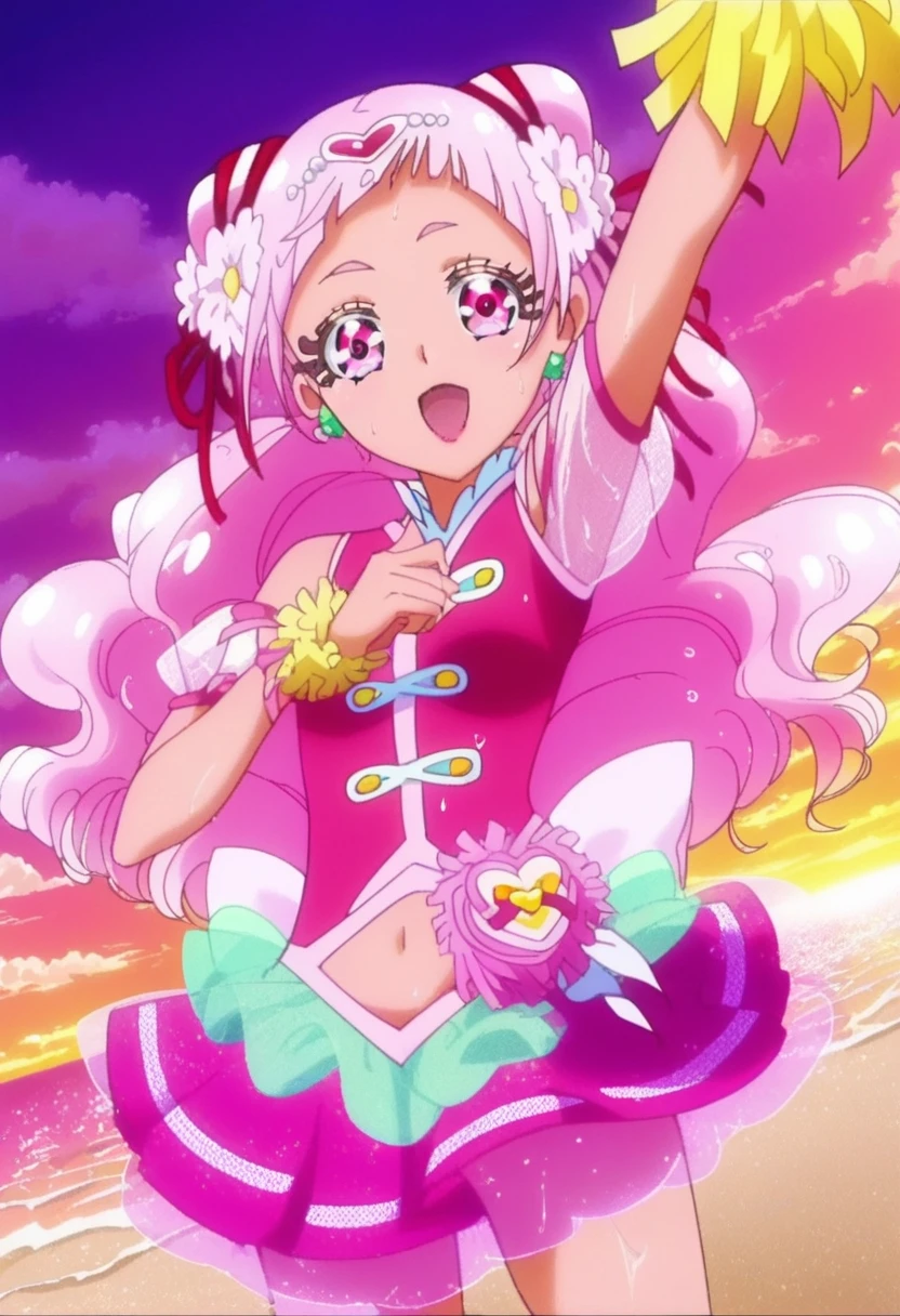 anime, (high quality, detailed, beautiful), shiny, detailed beautiful eyes, outstanding, countershading, detailed soft lighting, an exquisite animation illustration, score_9, score_8_up, score_7_up, source_anime, anime screencap, anime coloring, megami magazine, sidelighting, shiny luminous, 1girl, solo, solo focus, cure yell, small breasts, flat busts, shiny skin, wet skin, very sweaty, very wet skin, steaming body, bend over, ass, pink boxers, looking at viewer, sky, dutch angle. cowboy shot, outdoors, beach side, sunset, evening, Expressiveh, confused,