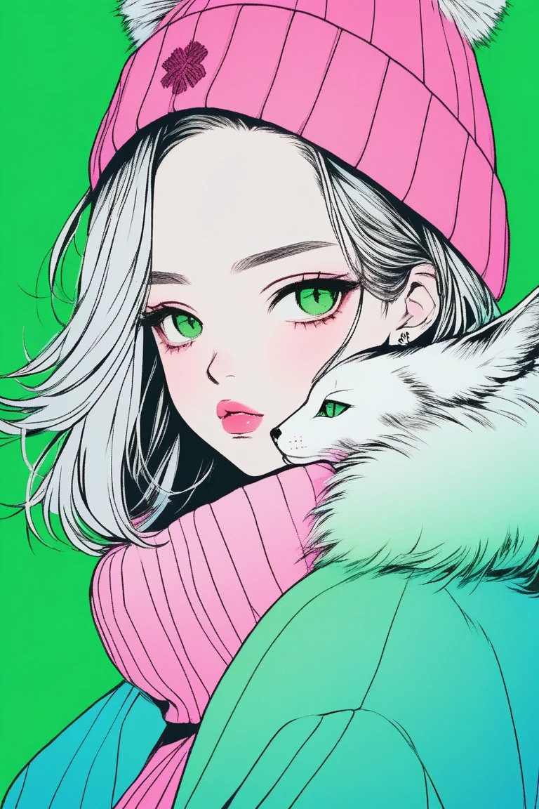 illustrator, japanese cartoons , actual ,Sketch , 1 girl, ,lips, sweater,order, Blue gradient background, pink fur, green eyes, textured edge, Canadian, (Masterpiece,Best Quality) ganyou