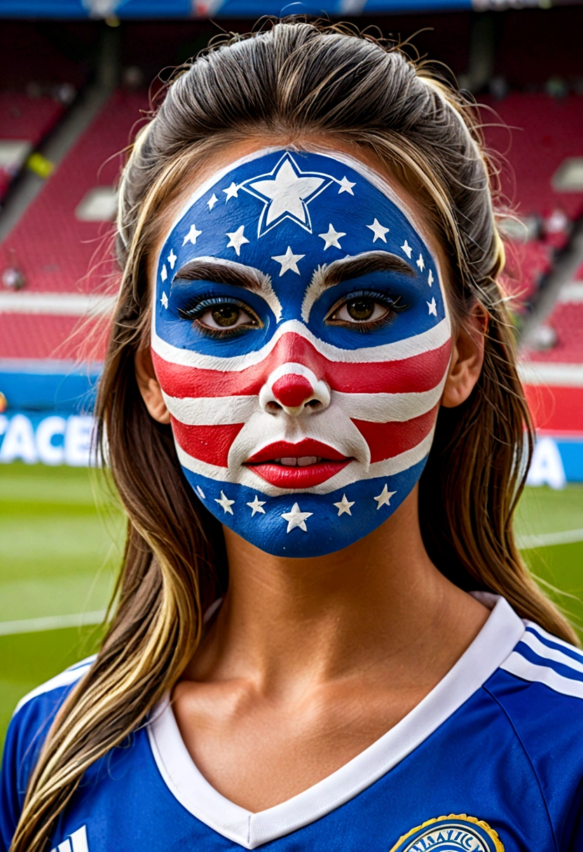 Wearing a replica uniform, Big breasted, fanatical soccer fan wearing face paint