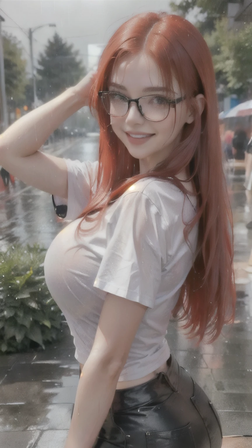 red hair, Black glasses, white t-shirt wet in the rain, short jeans, Looking back and smiling.