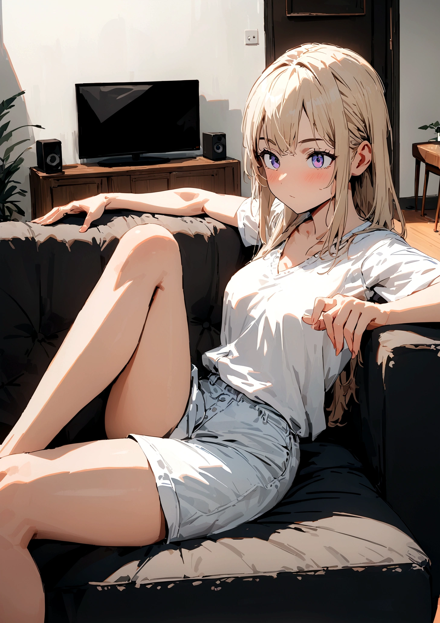 An 18-year-old girl in a white shirt, Black Silk, She sat on the sofa, Crossing your legs, Inside the living room, Comic Style, Perfect composition, Ultra Detail, Eye detail optimization, masterpiece, Bright colors, Dynamic action style, Highest quality, Blu-ray quality, 8K resolution