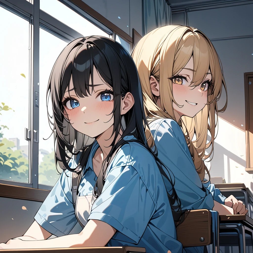 (award winning, 8k, super detailed, high resolution, best quality) , photography, (two girls), girl on the left with blonde hair and smirk expression, girl on the right with black hair and (timid expression), (sitting side by side at desk), ((beautiful girls)), classroom, light from the window.