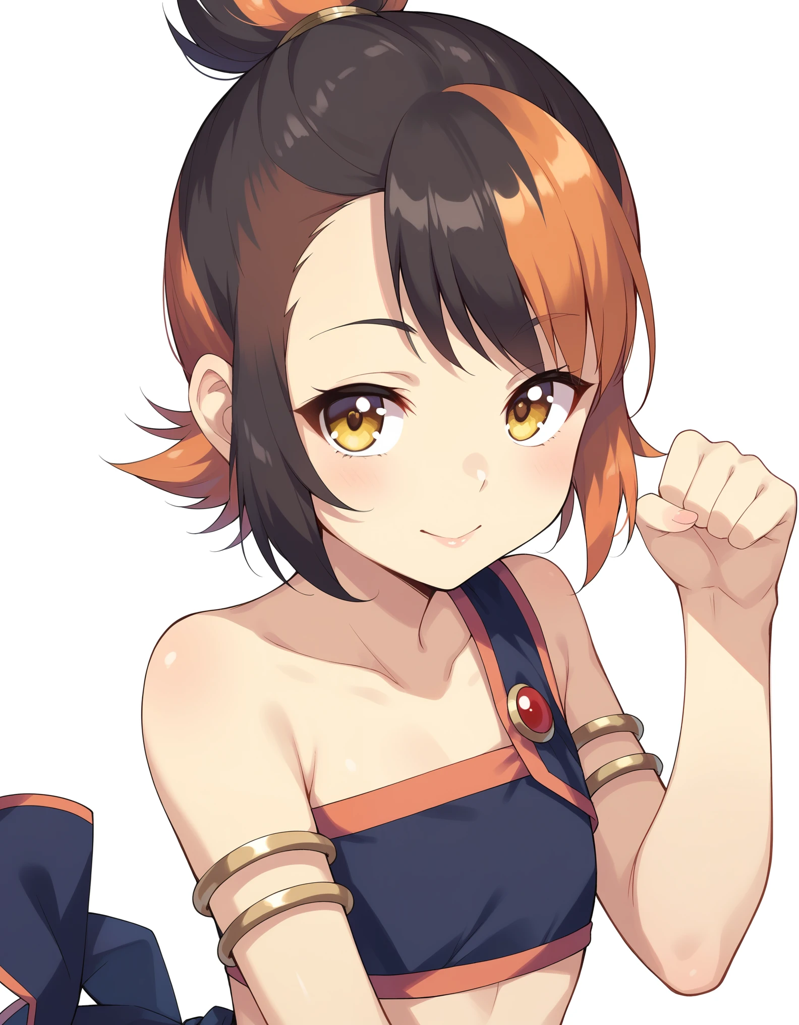 core_9, score_8_up, solo, BREAK, female ,  wilykit, girl, solo, brown hair, two-tone hair, multicolored hair, armlet, yellow eyes,  paw pose,  black hair, orange hair, animal ears, flat chest, white background, yellow skin,