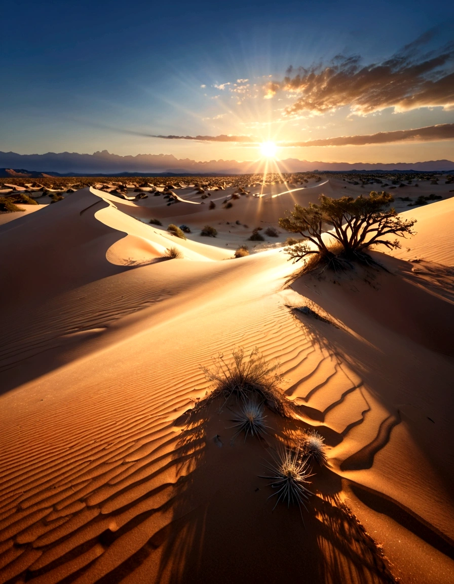 detailed fantasy desert landscape, dramatic sunrise, sun peeking over the horizon, golden rays of light, vast sandy dunes, windswept rocks, sparse vegetation, crystal clear blue sky, cinematic lighting, highly detailed, photorealistic, 8k, masterpiece, professional digital art